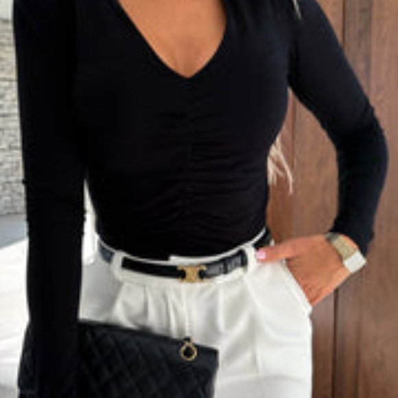 FRONT RUCHED BODYSUIT TOP-BLACK - Picture 7 of 8